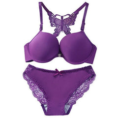 Front Open Butterfly Push-Up Bra Set - Black