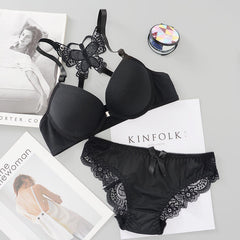 Front Open Butterfly Push-Up Bra Set - Black