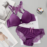 Front Open Butterfly Push-Up Bra Set - Black